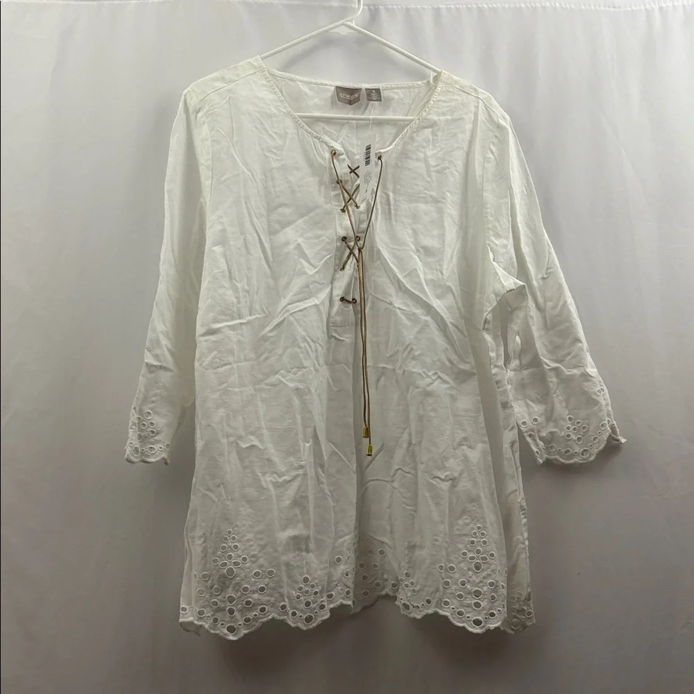 Chico’s Peasant Top 3/4 Sleeves Optic White Blouse Top Lace Up Tunic Women’s New - Picture 2 of 13